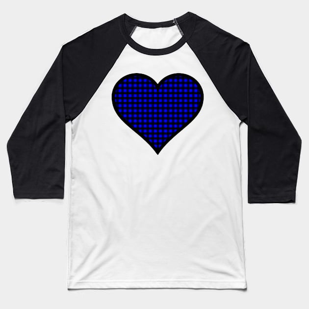 Cobalt Blue and Black Gingham Heart Baseball T-Shirt by bumblefuzzies